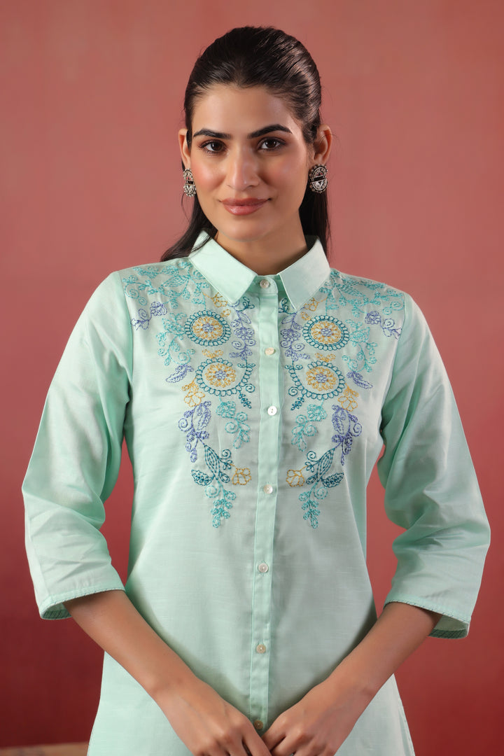Mint Green Cotton Embroidery Designer Kurta