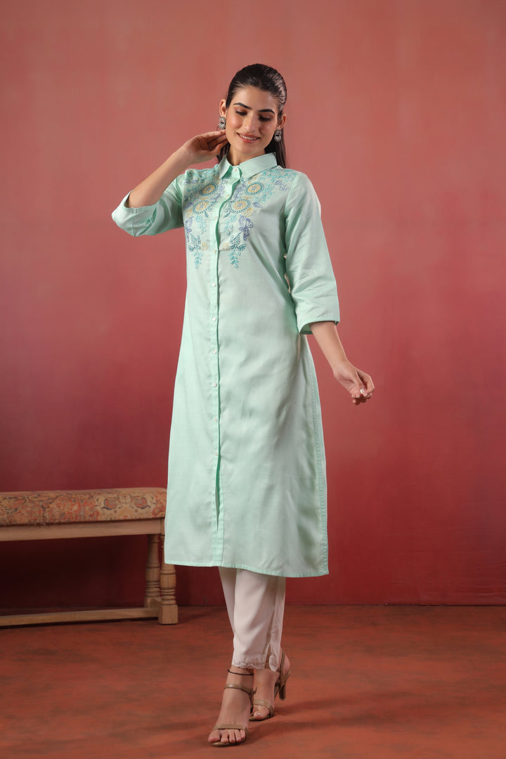 Mint Green Cotton Embroidery Designer Kurta