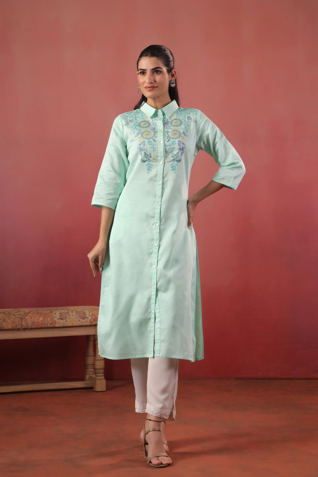 Mint Green Cotton Embroidery Designer Kurta