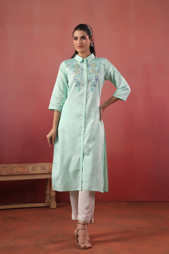 Mint Green Cotton Embroidery Designer Kurta