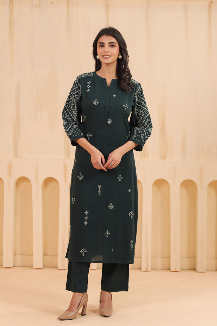 Green Cotton Slub Embroidered Designer Kurta Pant Set