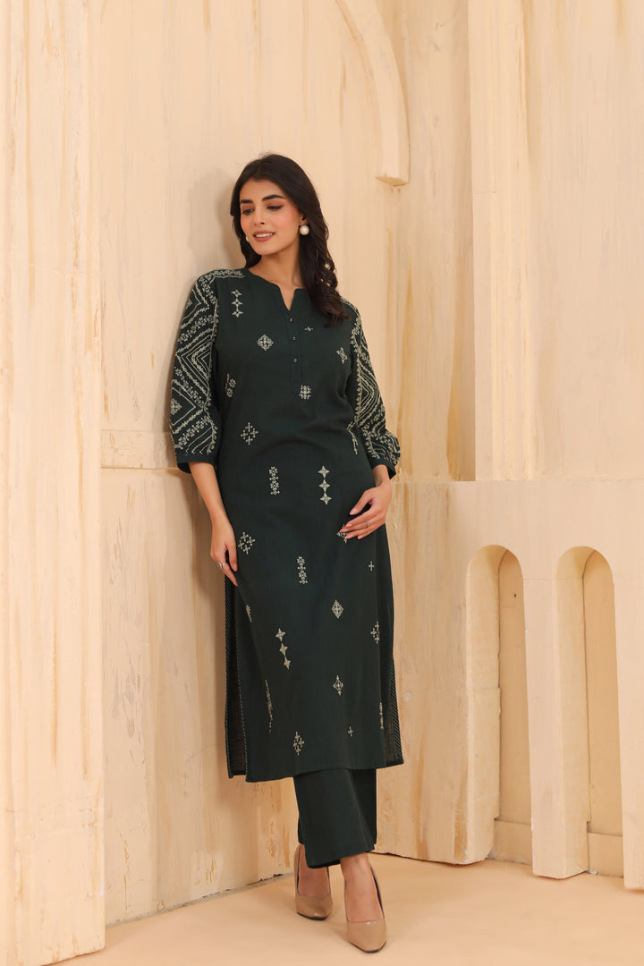 Green Cotton Slub Embroidered Designer Kurta Pant Set