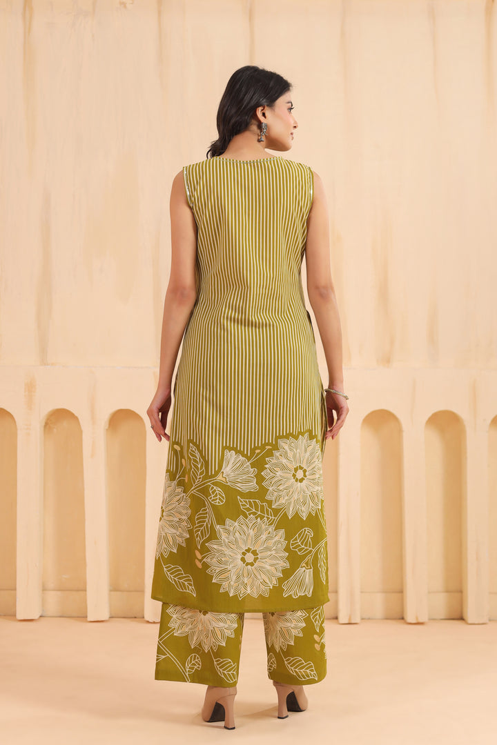 Green Cotton Printed Designer Kurta Pant Set