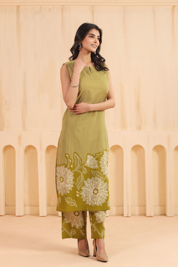 Green Cotton Printed Designer Kurta Pant Set