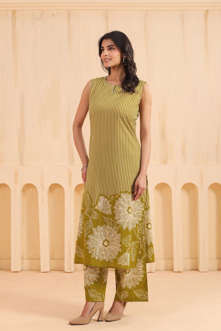 Green Cotton Printed Designer Kurta Pant Set