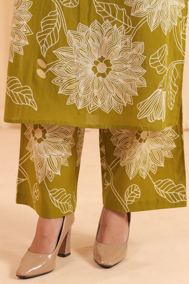 Green Cotton Printed Designer Kurta Pant Set