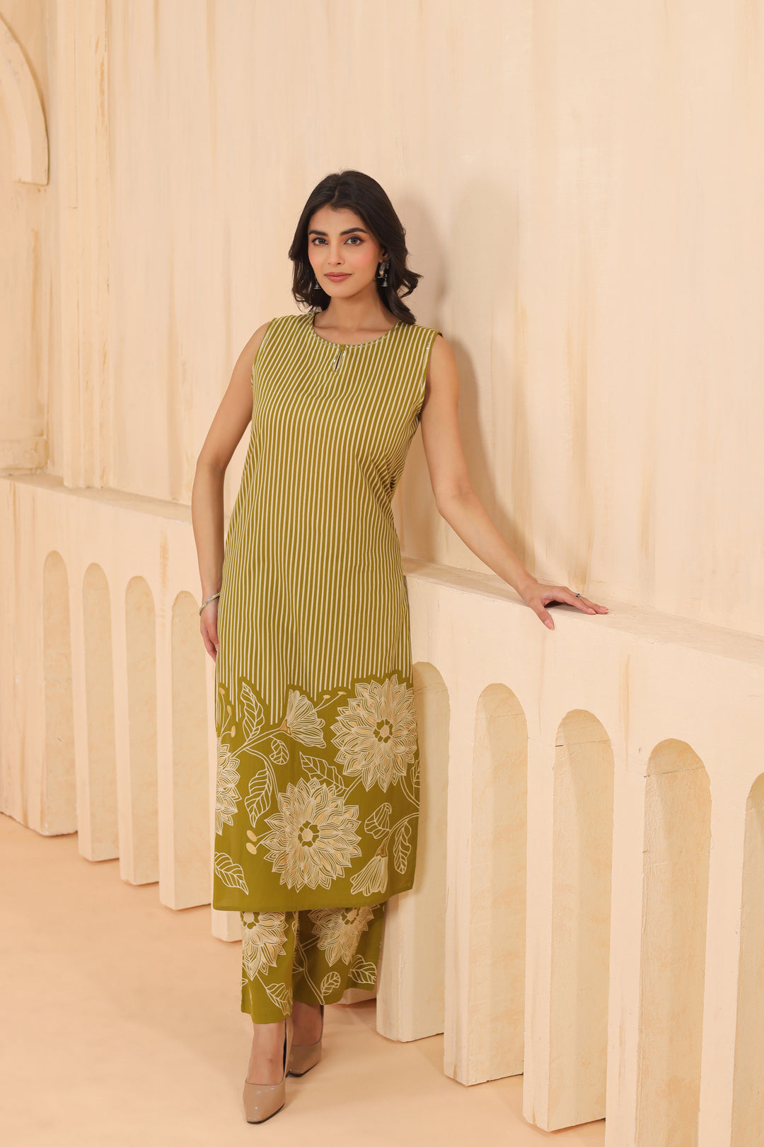 Green Cotton Printed Designer Kurta Pant Set