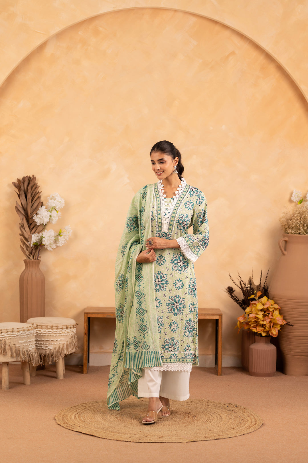 Green Cotton Floral Printed Kurta Pant Set With Dupatta