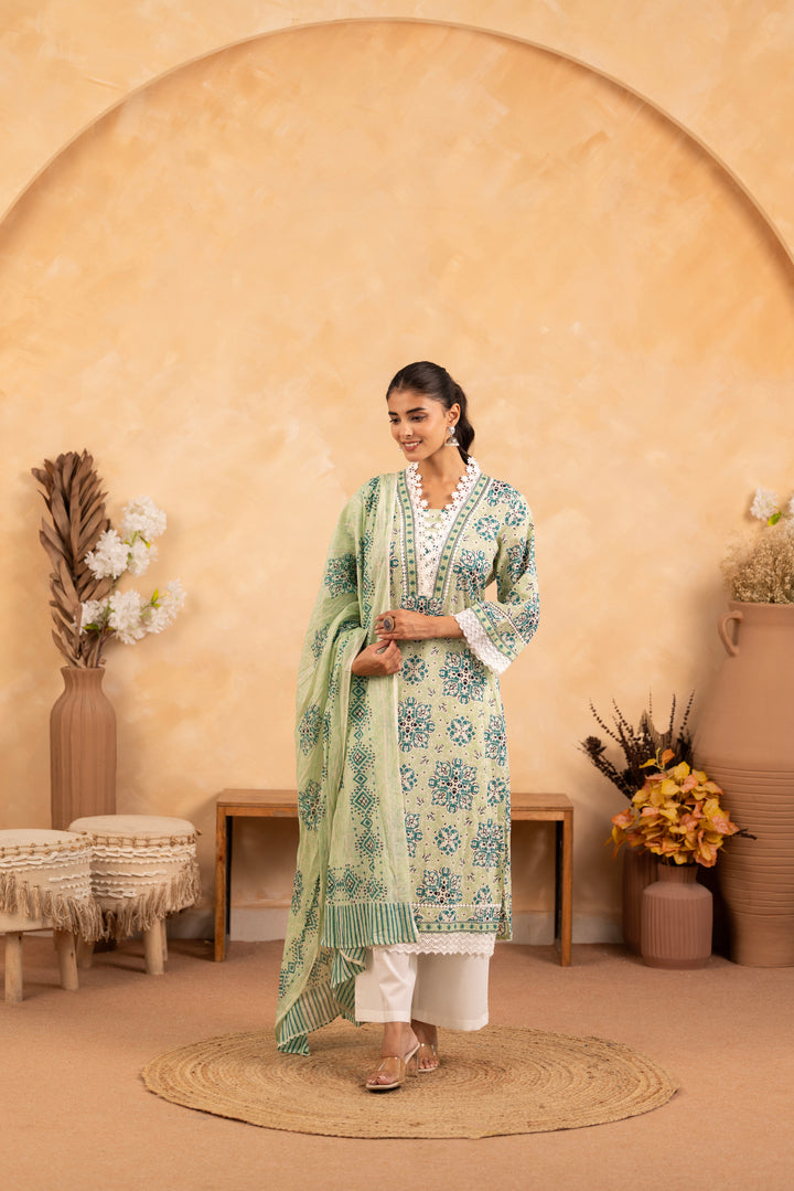 Green Cotton Floral Printed Kurta Pant Set With Dupatta