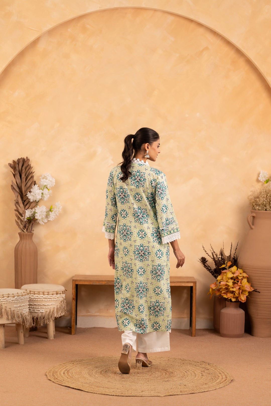 Green Cotton Floral Printed Kurta Pant Set With Dupatta