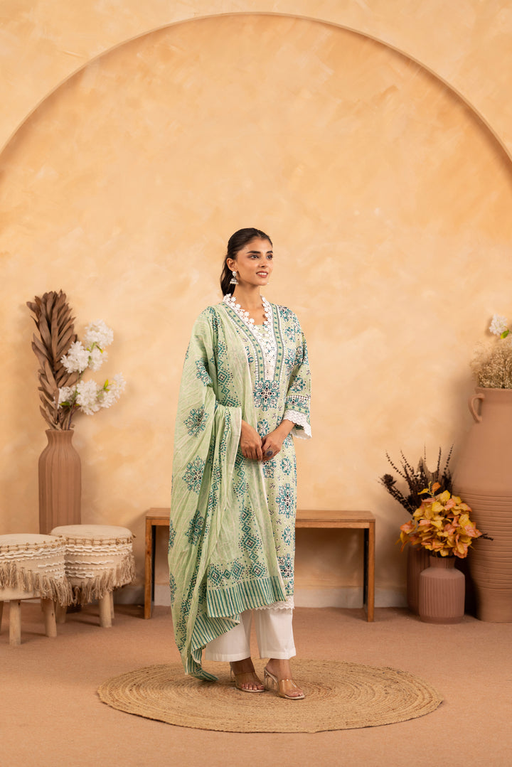Green Cotton Floral Printed Kurta Pant Set With Dupatta