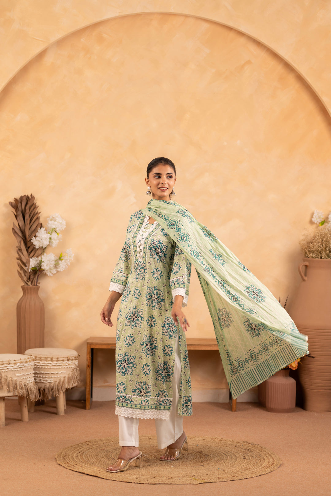 Green Cotton Floral Printed Kurta Pant Set With Dupatta