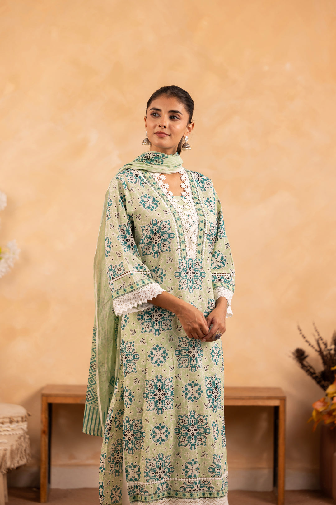 Green Cotton Floral Printed Kurta Pant Set With Dupatta