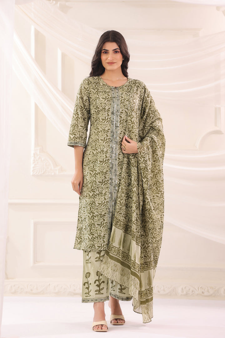 Green Cotton Printed Designer Kurta Pant With Dupatta Set