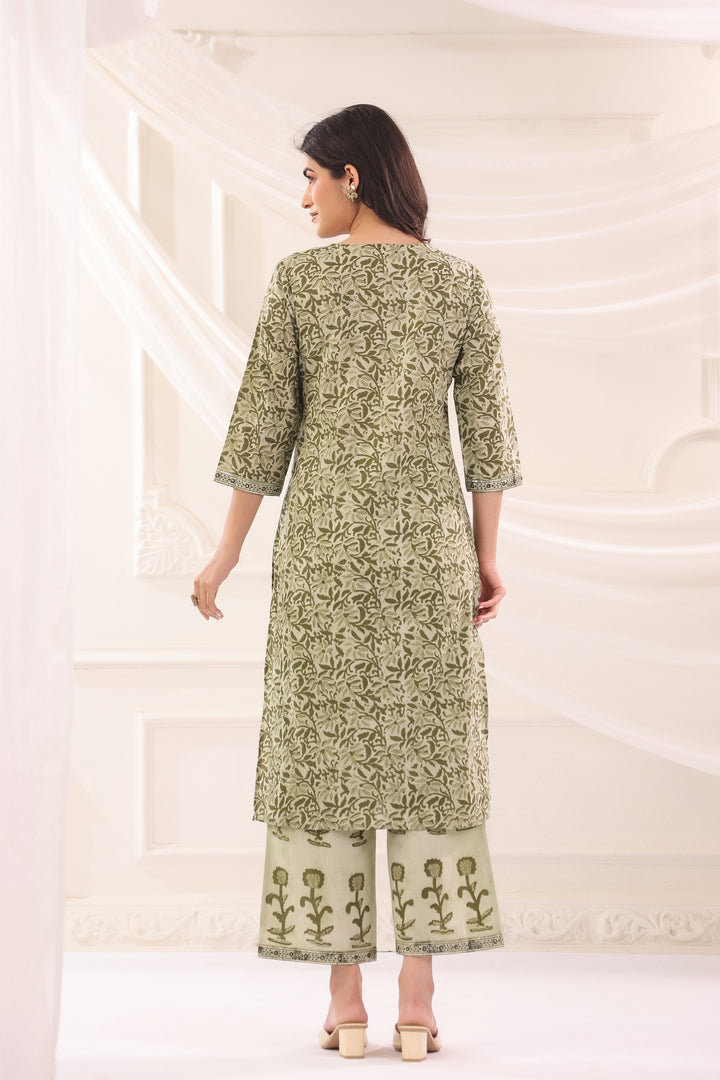 Green Cotton Printed Designer Kurta Pant With Dupatta Set