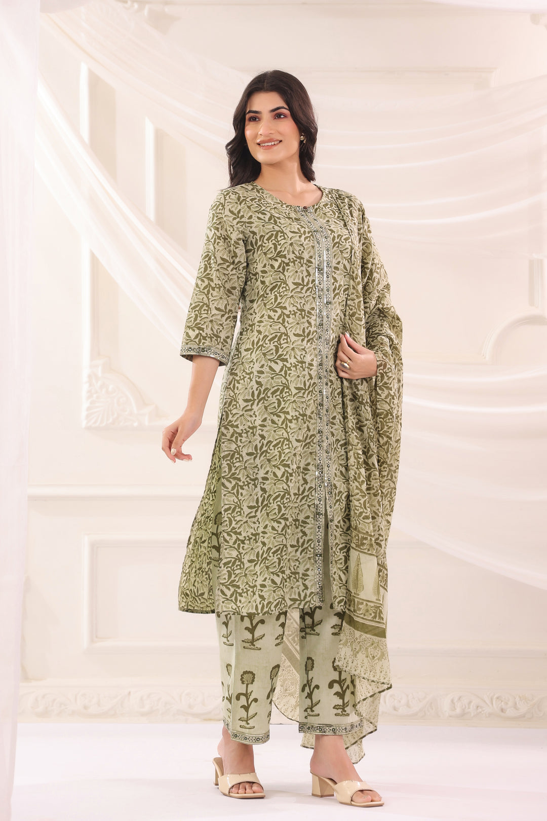 Green Cotton Printed Designer Kurta Pant With Dupatta Set