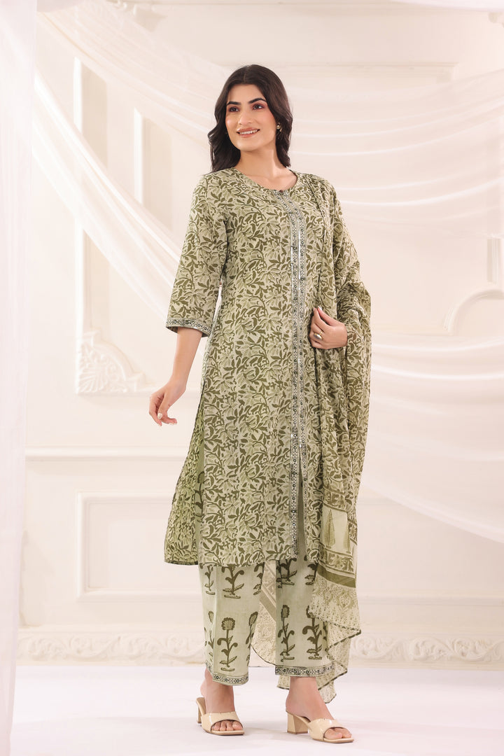 Green Cotton Printed Designer Kurta Pant With Dupatta Set