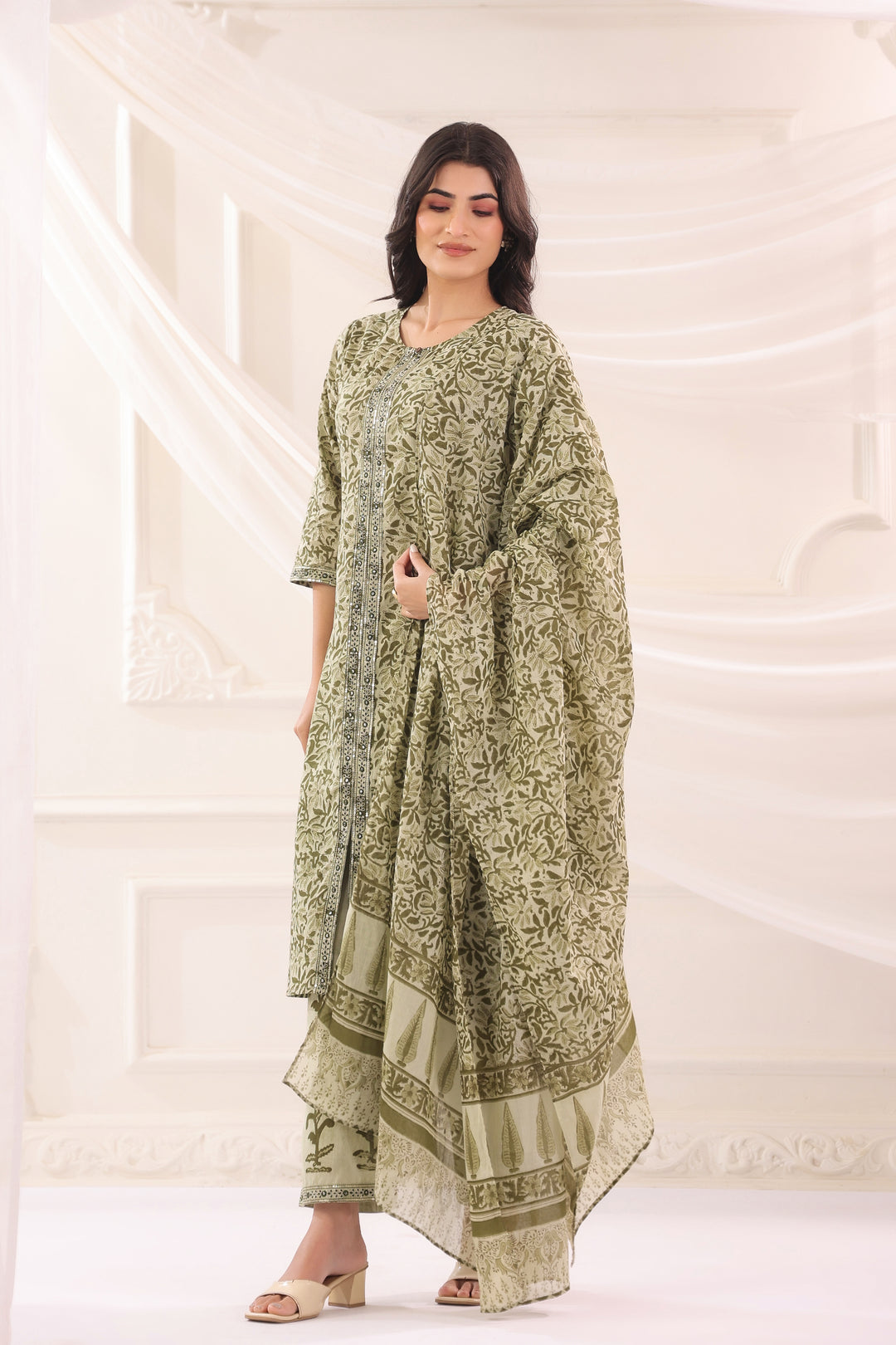 Green Cotton Printed Designer Kurta Pant With Dupatta Set
