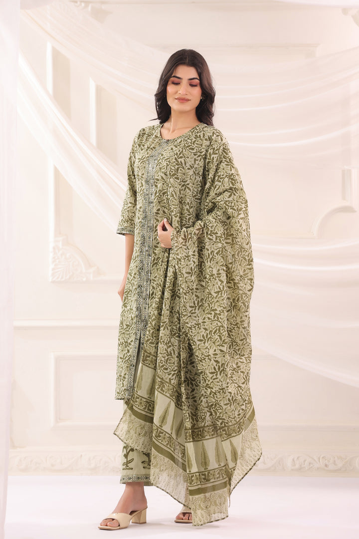 Green Cotton Printed Designer Kurta Pant With Dupatta Set
