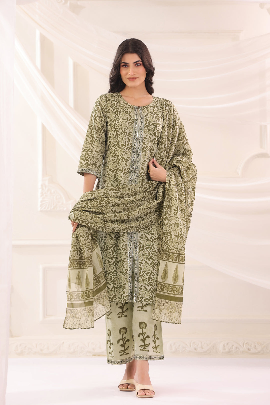Green Cotton Printed Designer Kurta Pant With Dupatta Set