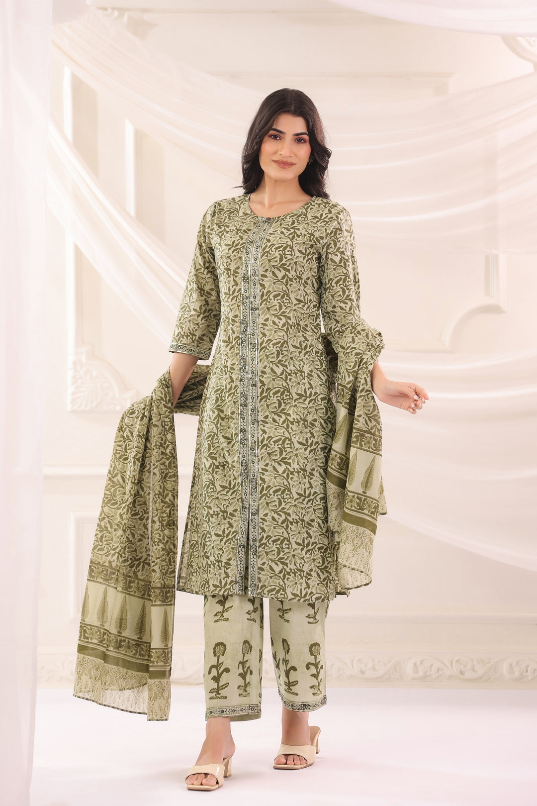 Green Cotton Printed Designer Kurta Pant With Dupatta Set