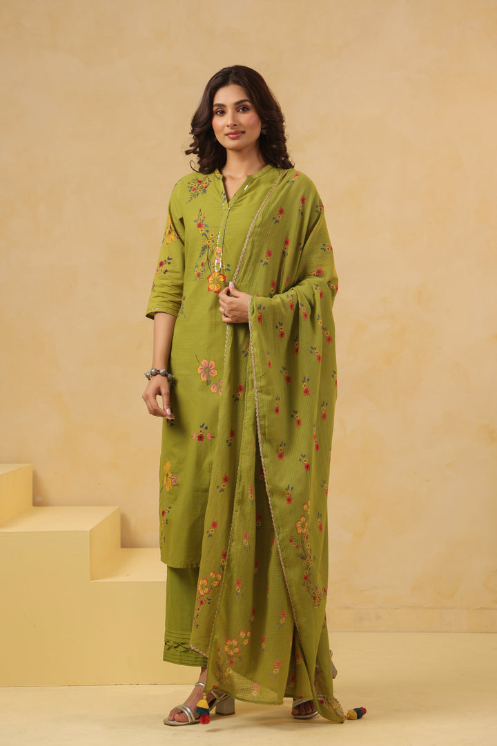 Green Cotton Printed Straight Kurta Pant With Dupatta Set
