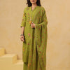 Green Cotton Printed Straight Kurta Pant With Dupatta Set