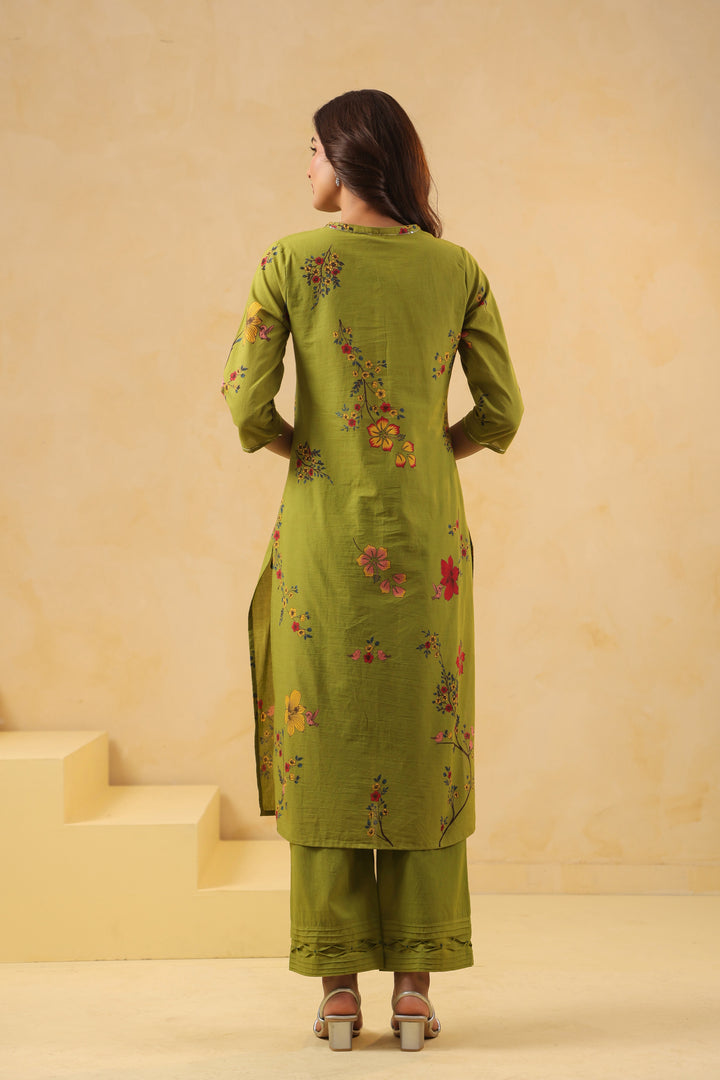 Green Cotton Printed Straight Kurta Pant With Dupatta Set