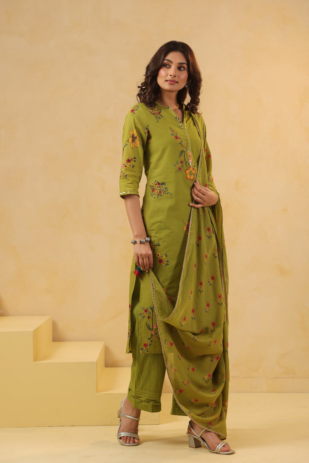 Green Cotton Printed Straight Kurta Pant With Dupatta Set