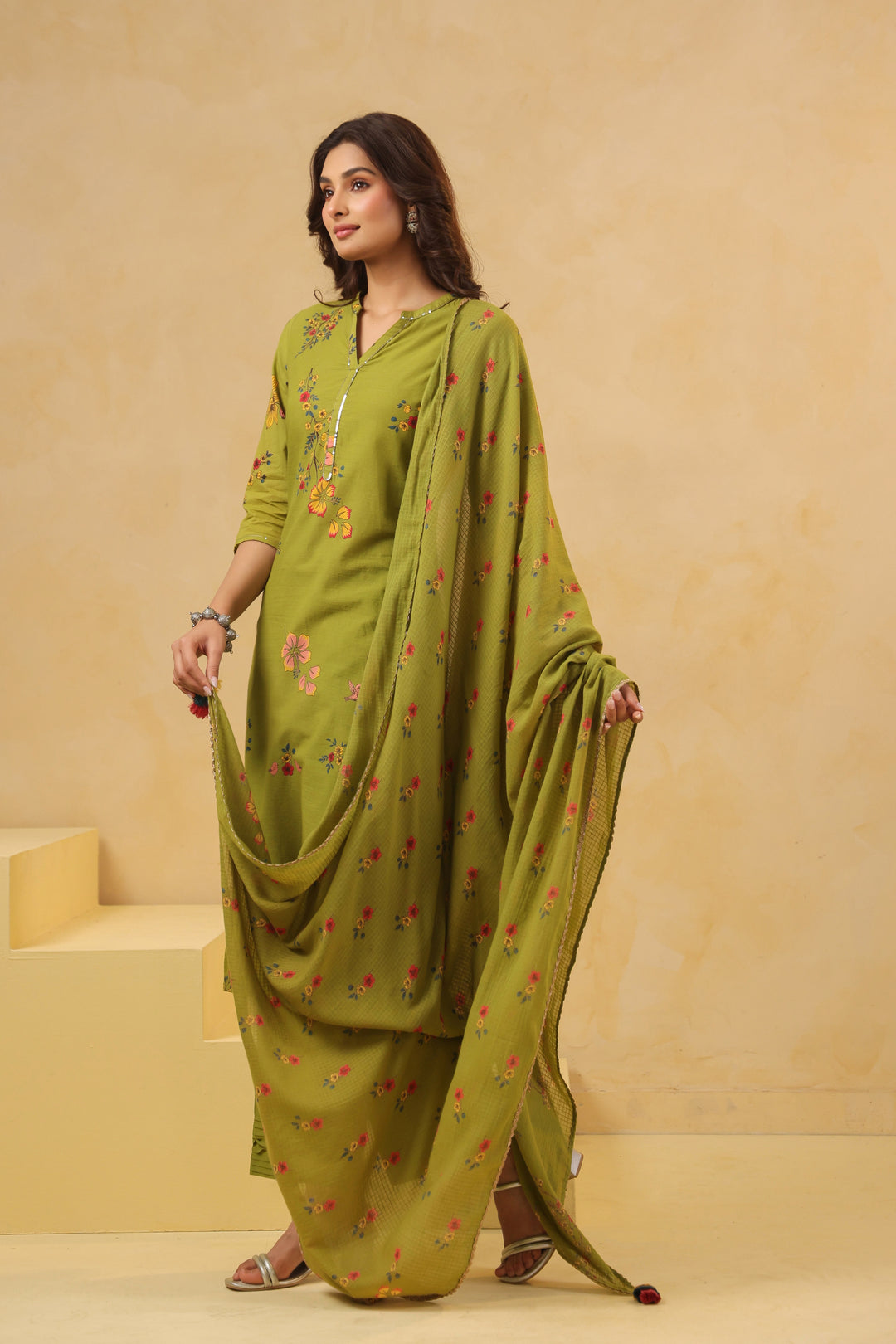 Green Cotton Printed Straight Kurta Pant With Dupatta Set