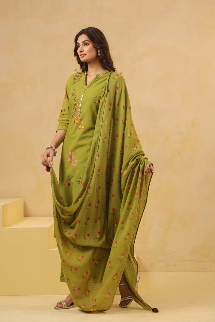 Green Cotton Printed Straight Kurta Pant With Dupatta Set