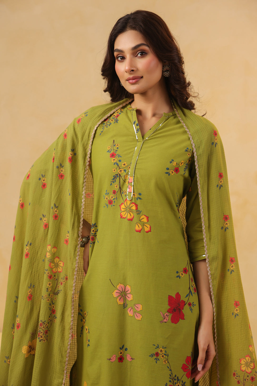 Green Cotton Printed Straight Kurta Pant With Dupatta Set