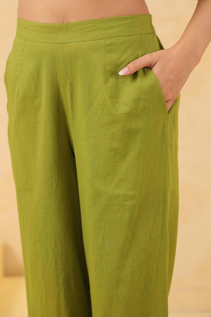 Green Cotton Printed Straight Kurta Pant With Dupatta Set