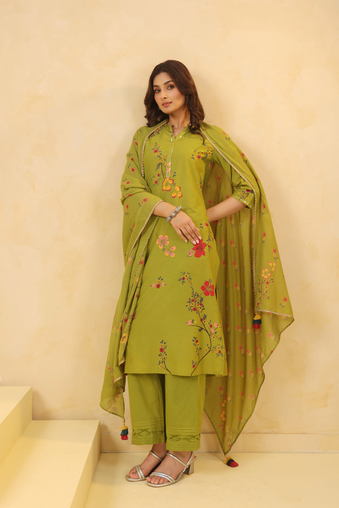 Green Cotton Printed Straight Kurta Pant With Dupatta Set