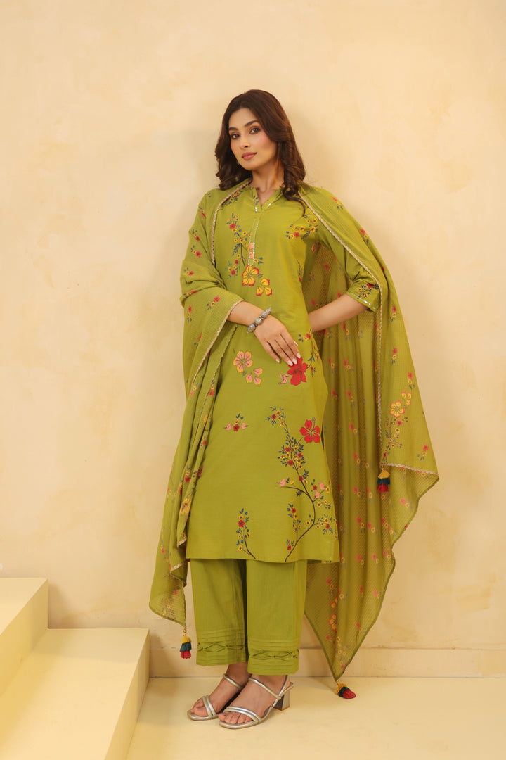 Green Cotton Printed Straight Kurta Pant With Dupatta Set