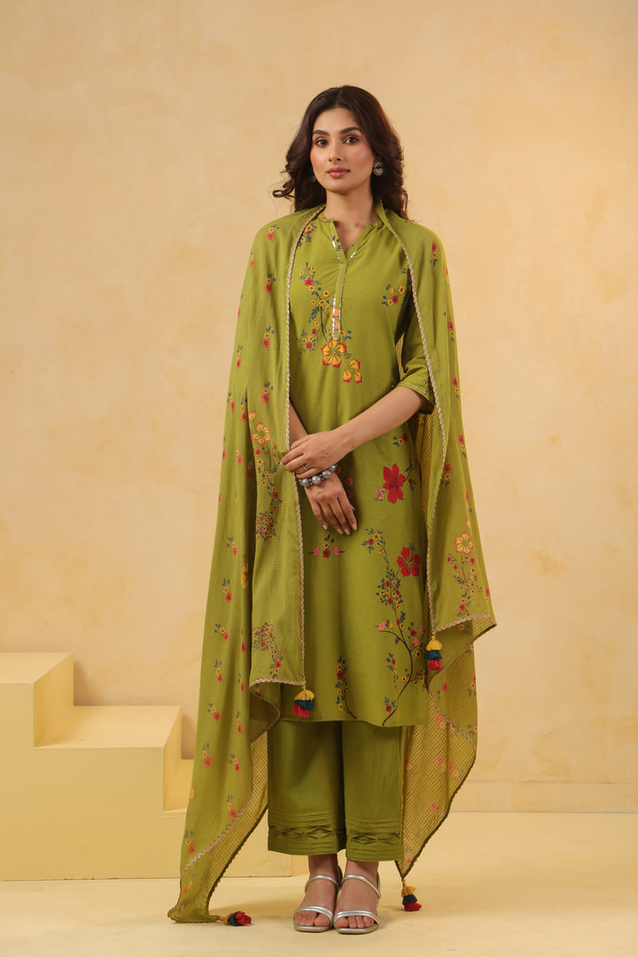 Green Cotton Printed Straight Kurta Pant With Dupatta Set