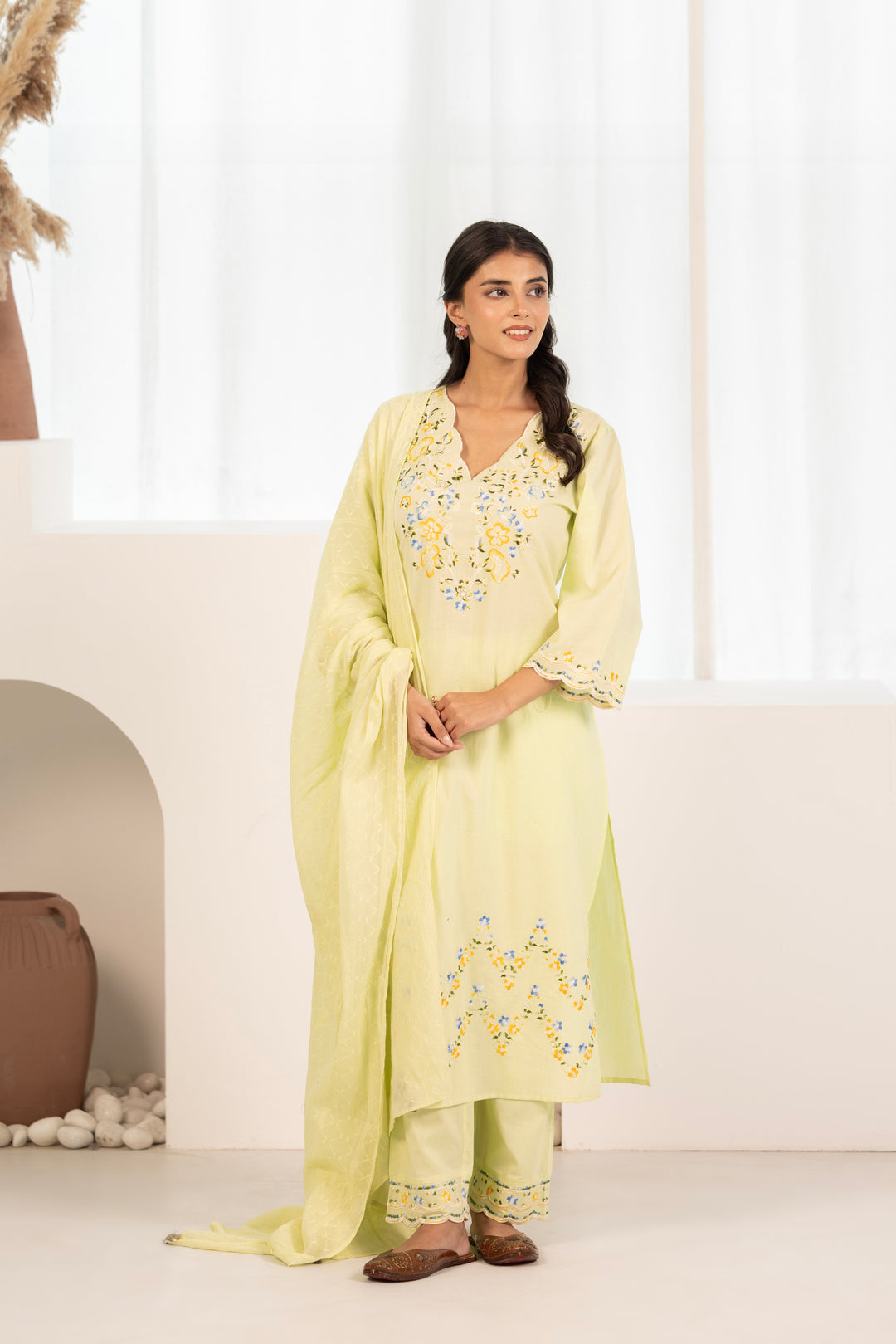 Lime Green Cotton Embroidered Designer Kurta Pant With Dupatta Set