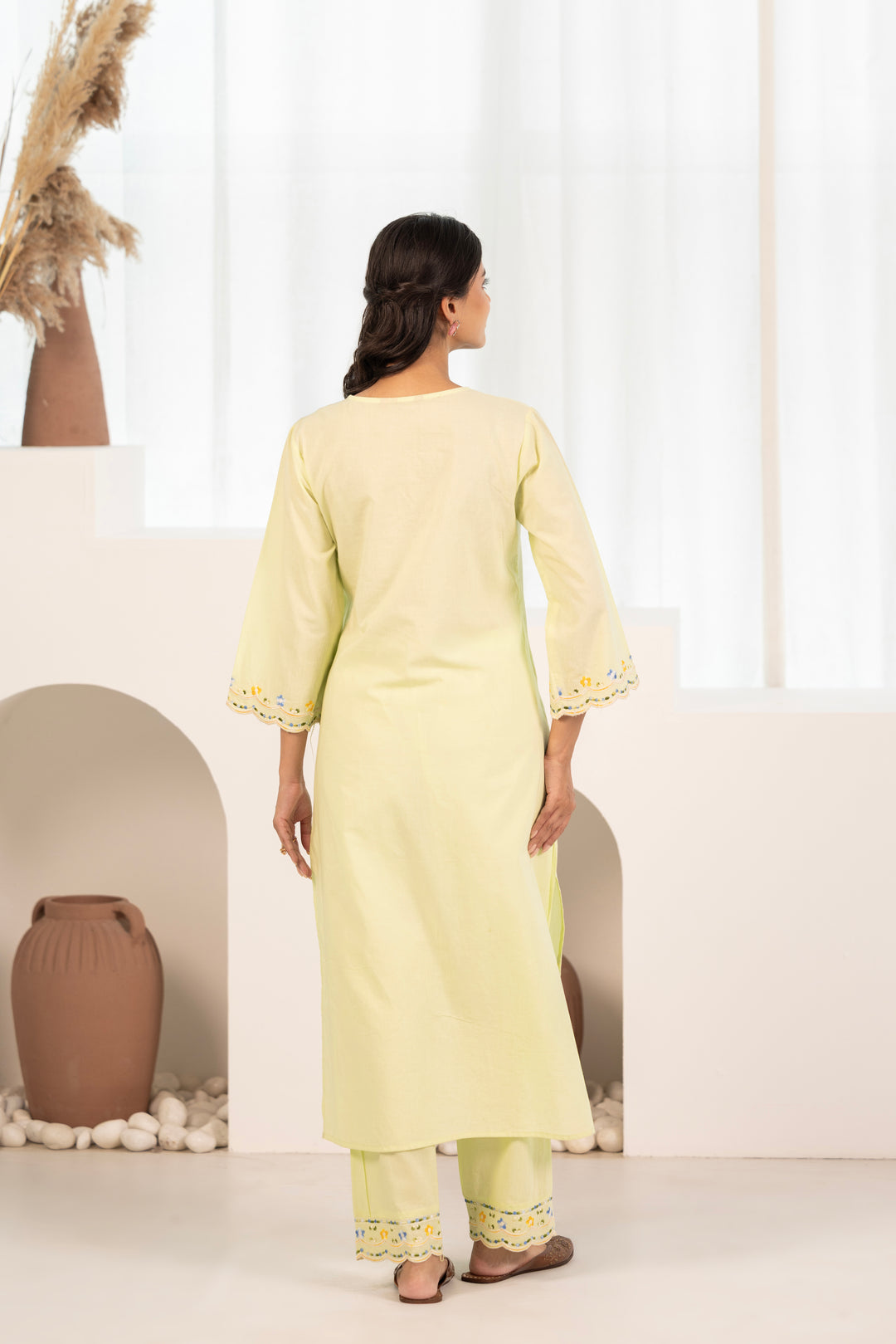 Lime Green Cotton Embroidered Designer Kurta Pant With Dupatta Set