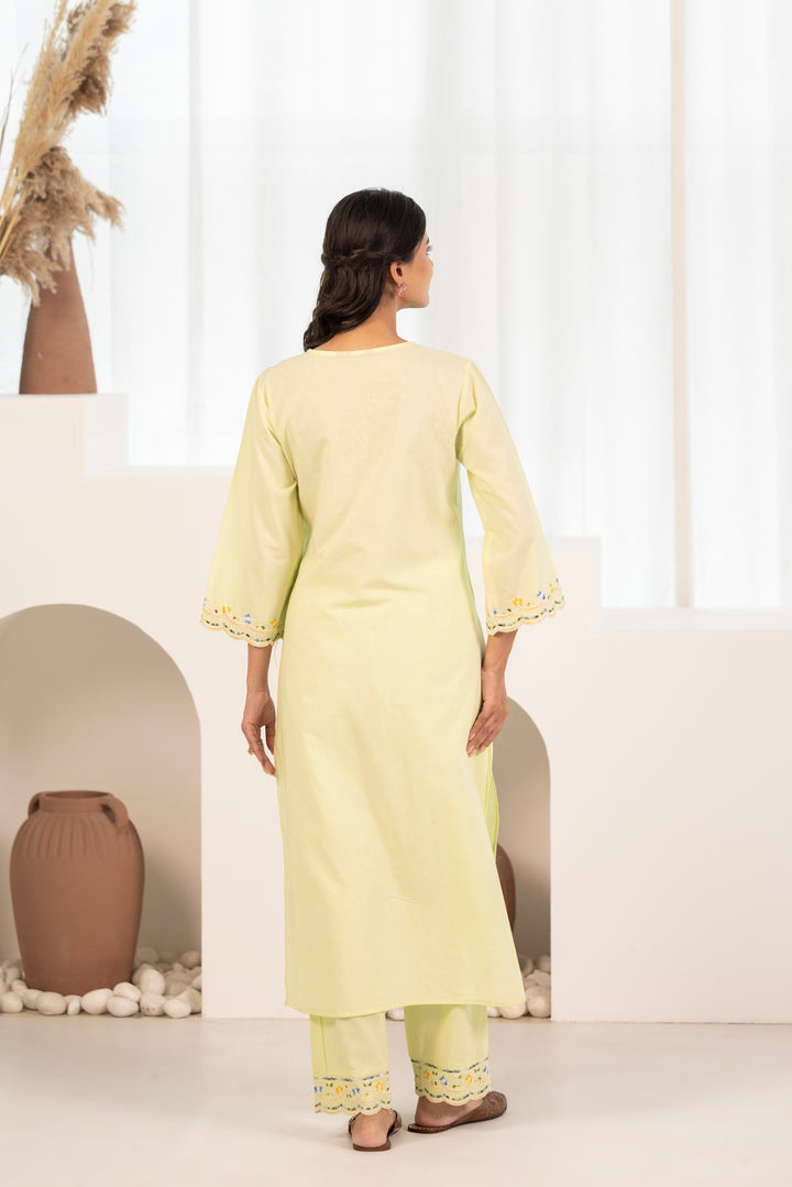 Lime Green Cotton Embroidered Designer Kurta Pant With Dupatta Set
