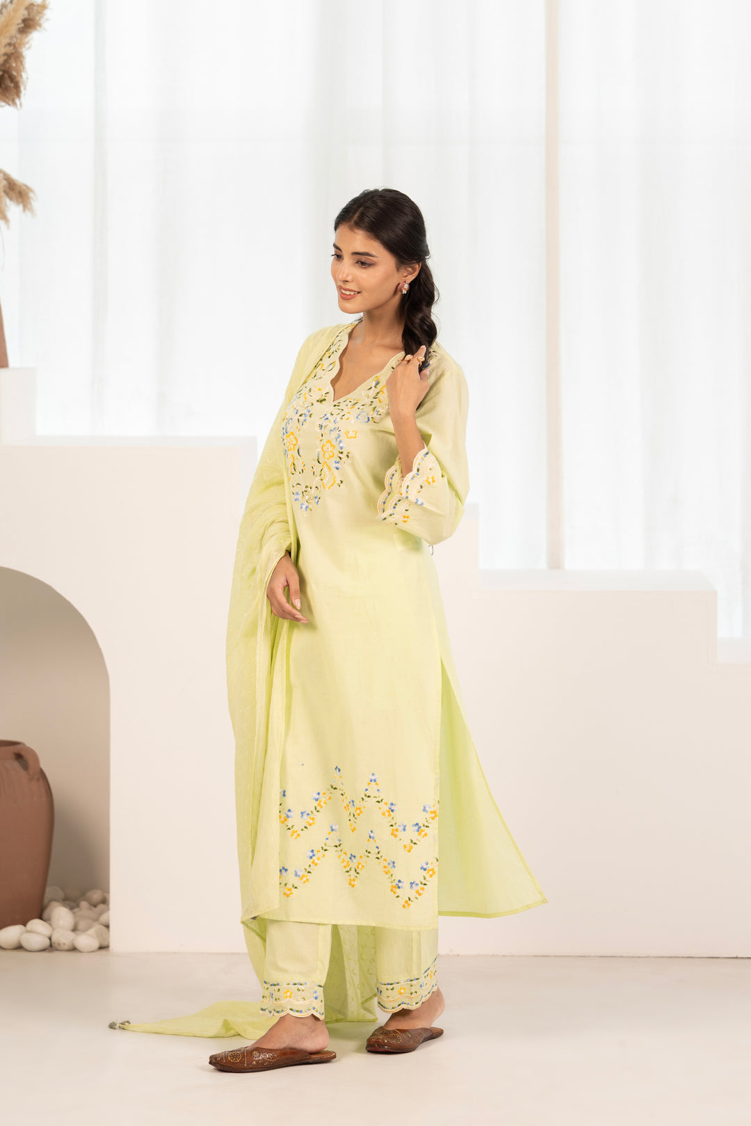 Lime Green Cotton Embroidered Designer Kurta Pant With Dupatta Set