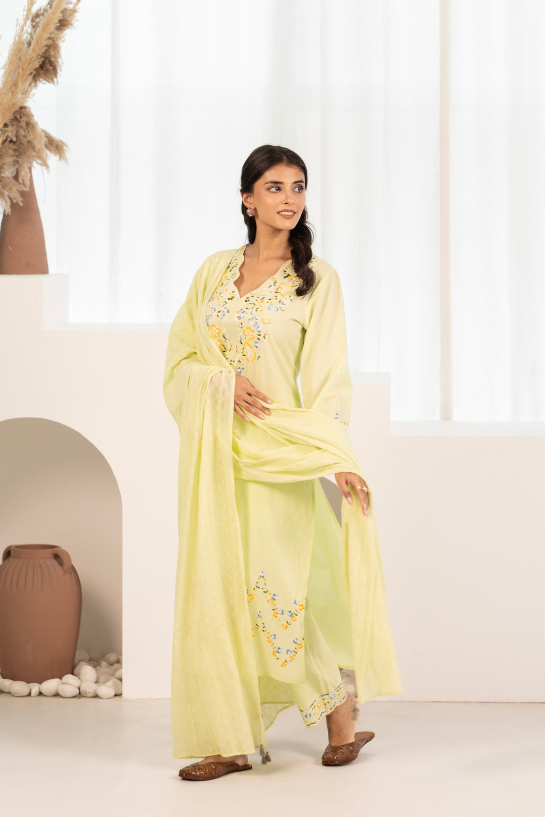 Lime Green Cotton Embroidered Designer Kurta Pant With Dupatta Set