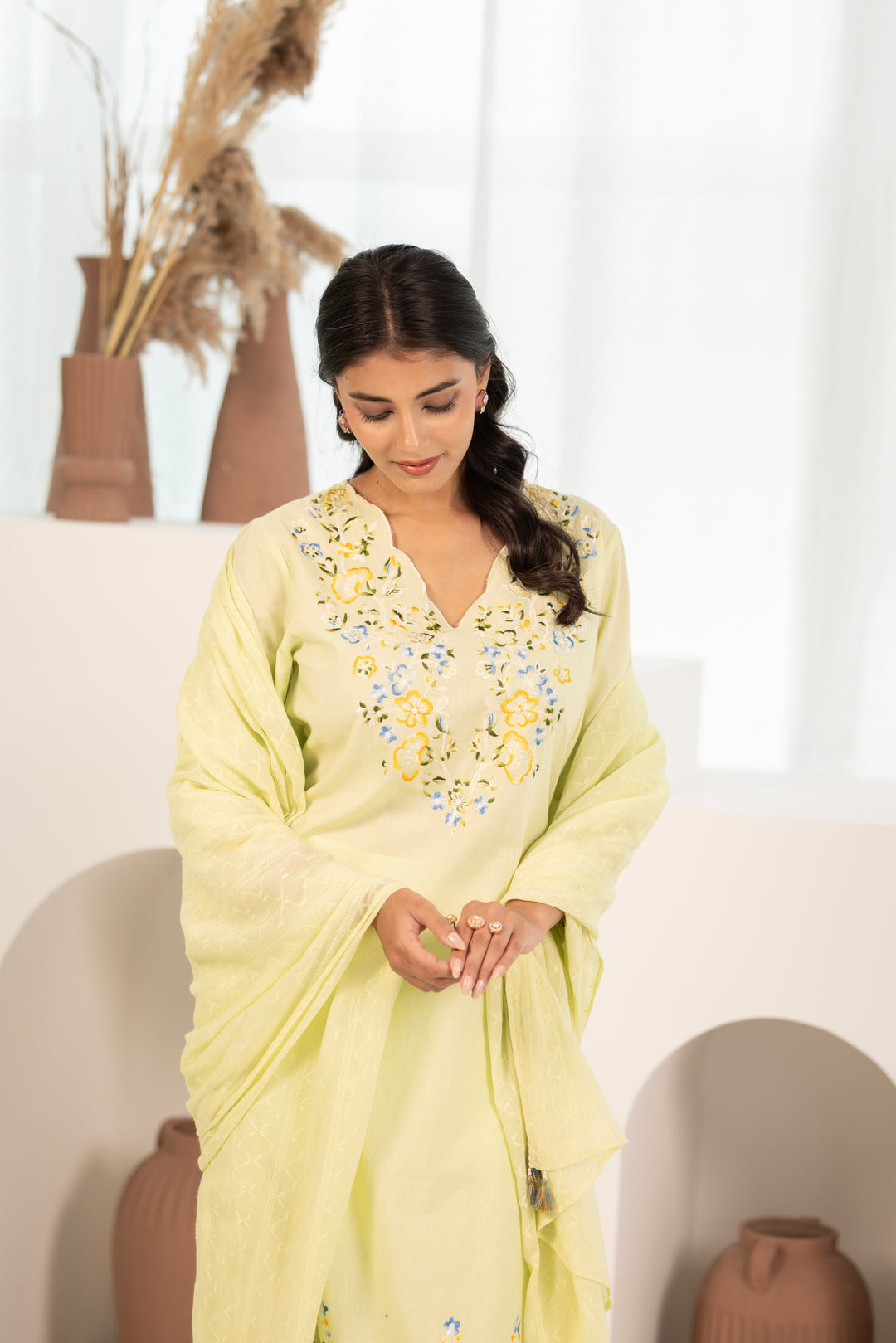 Lime Green Cotton Embroidered Designer Kurta Pant With Dupatta Set