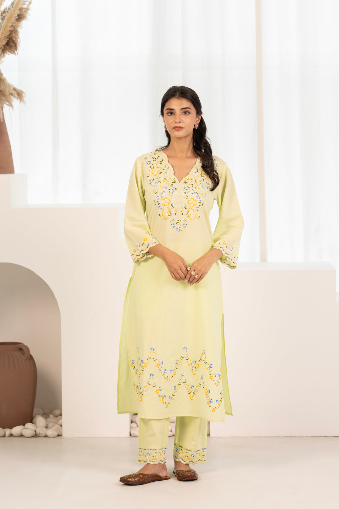 Lime Green Cotton Embroidered Designer Kurta Pant With Dupatta Set