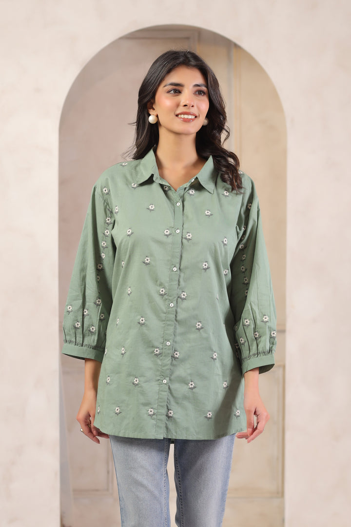 Green Cotton Embroidered Designer Shirt Top