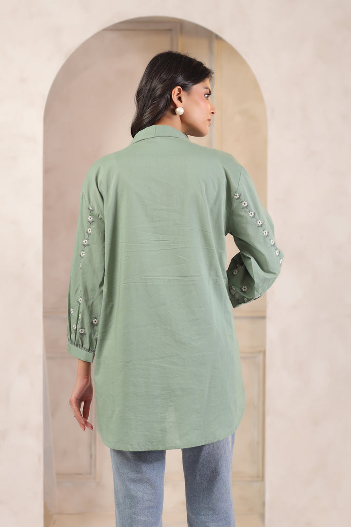 Green Cotton Embroidered Designer Shirt Top