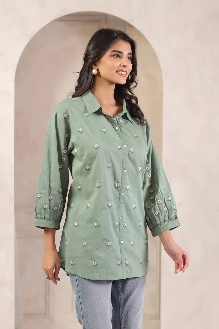 Green Cotton Embroidered Designer Shirt Top