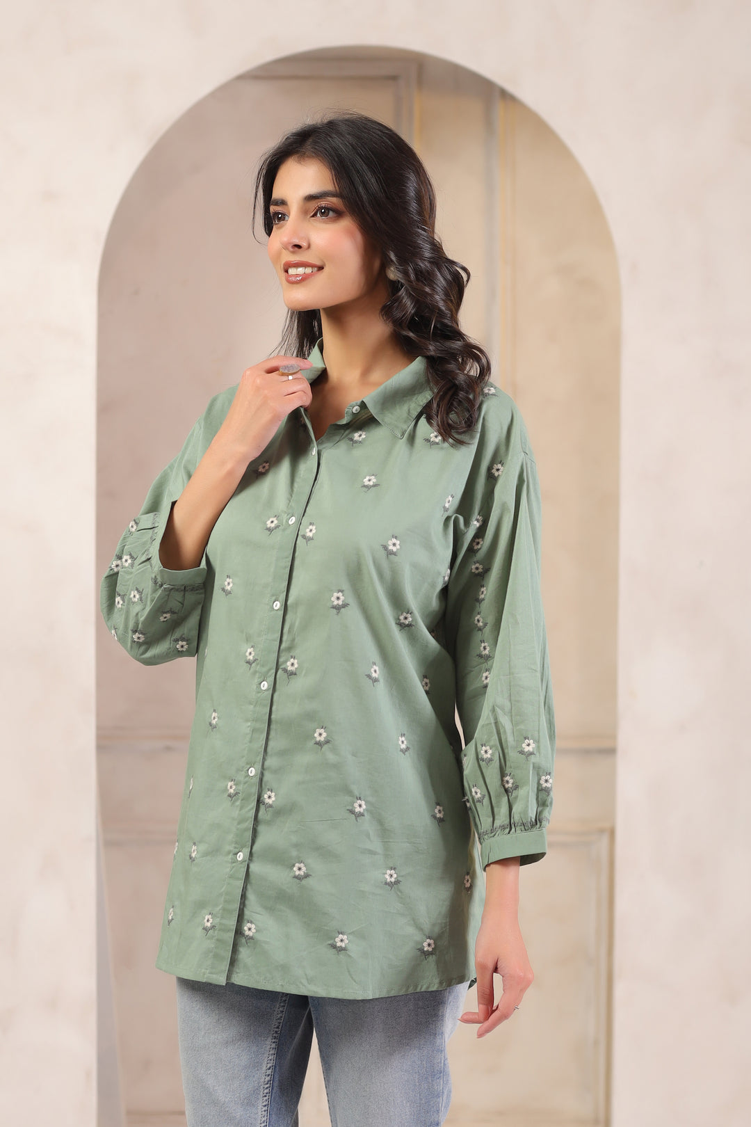 Green Cotton Embroidered Designer Shirt Top