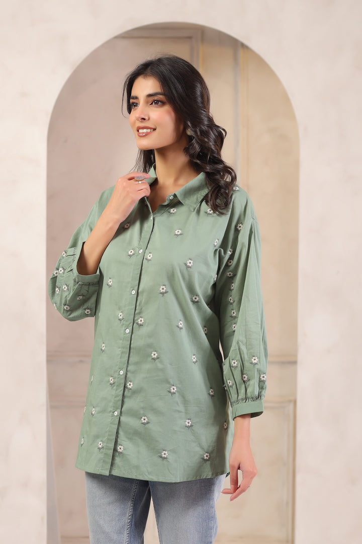 Green Cotton Embroidered Designer Shirt Top