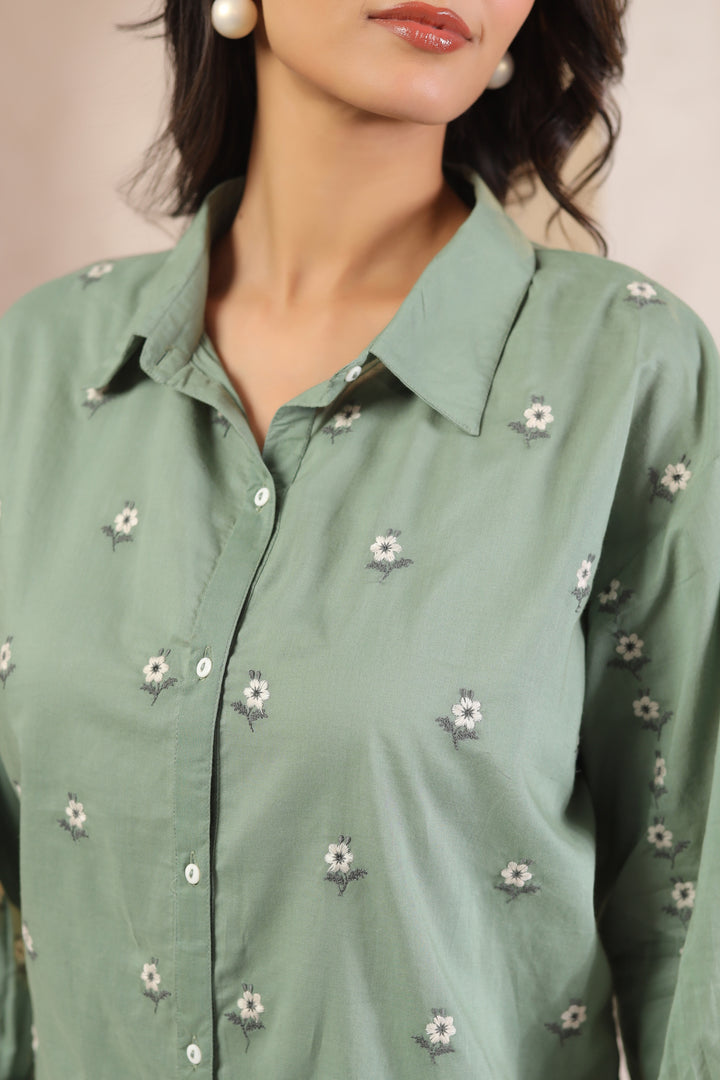 Green Cotton Embroidered Designer Shirt Top