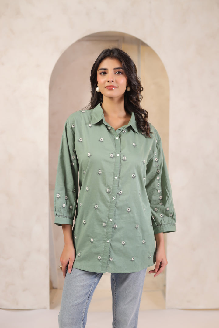 Green Cotton Embroidered Designer Shirt Top
